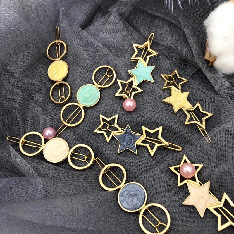 

European USA Hot Selling Luxury Designer Hairpins Enamel Star and Round Shaped Hair Clips Side Hair Grips for Women Girls