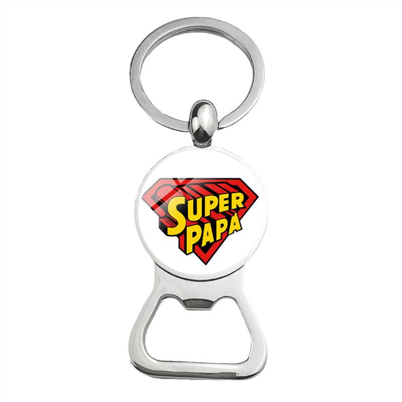 

Cute Super Papa Dad Beer Bottle Opener Keychain Silver Plated Glass Cabochon Key Chain Jewelry Love Gifts For Father