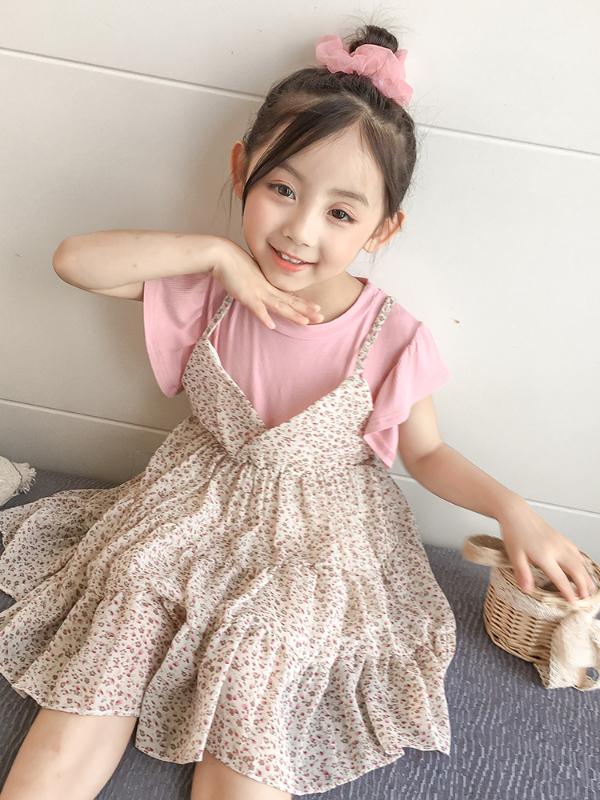

2020 Summer New Arrival Girls Fashion Floral Dress Kids Korean Design Dress, Pink