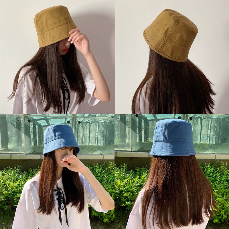 

Women Literary Style Cotton Bucket Cap Harajuku Hip Hop Solid Color Sun Protection Wide Brim Foldable Fisherman Hat with Eyelets, Yellow