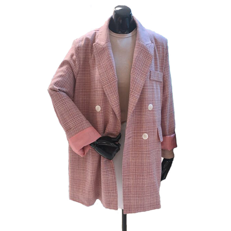 

2018 spring new fashion long paragraph wild loose thin plaid small suit pink suit jacket female