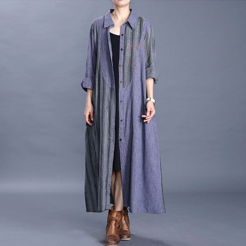 

Johnature 2020 Spring New Patchwork Striped Turn-down Collar Pockets Single Breasted Coat Loose Plus Size All-match Women Coats, Gray