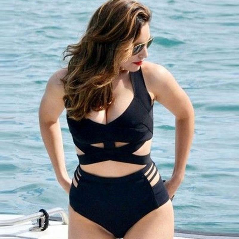 plus size high cut cover up monokini one piece swimsuit Polyester wire free swimwear plus size swimwear-image-456238196