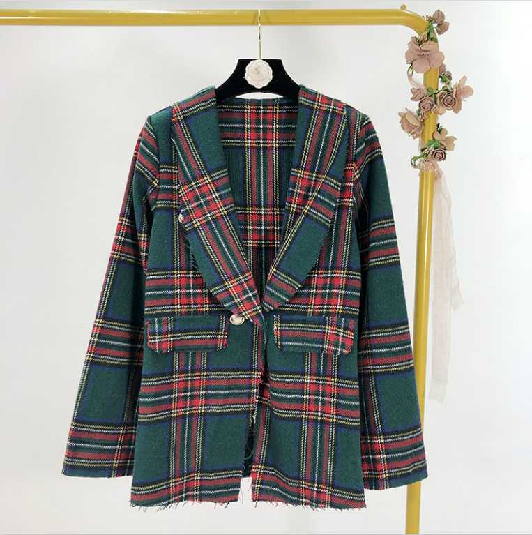 

New Vintage Plaid Wool Blends Women Blazers and Jackets 2020 Spring Fashion Double Breasted Full Women Coat, Photo color