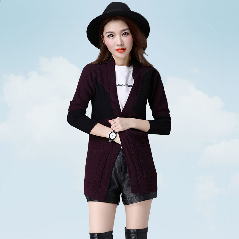 

Spring Autumn Medium Long Sweater Women 2019 New Korean Color Matching Wild Slim fit Female Knit Cardigan coat Plus size SS63, Black