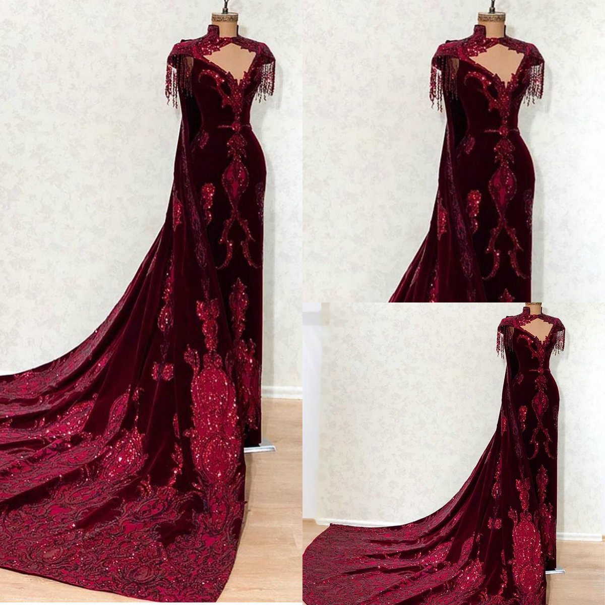 

2020 Arabic Burgundy Evening Dresses With Cape Wrap V Neck Sequins Sheath Prom Dress Applique Velvet Runway Party Dress, Royal blue