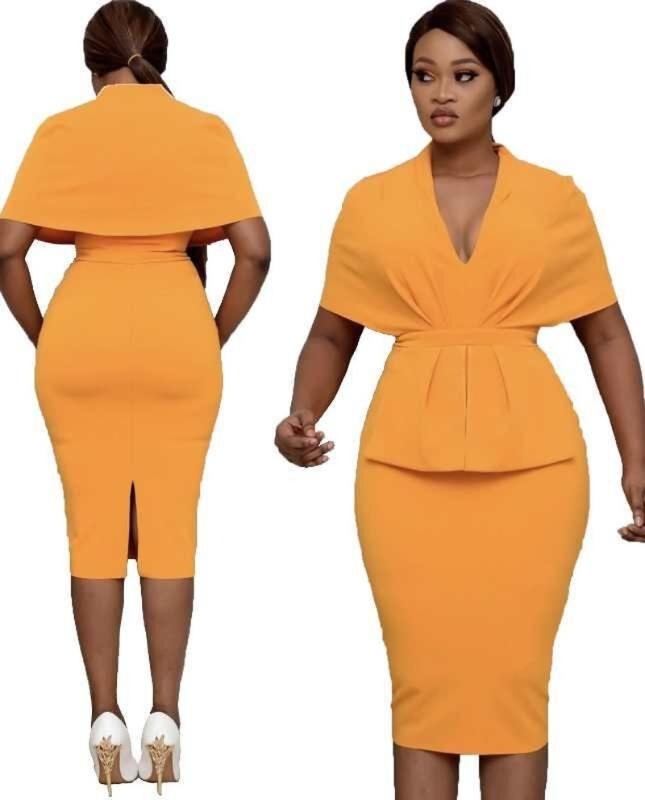 

African Clothes Office Lady Dress African Dresses For Women Elegant V-Neck High Waist Knee Length Dress Robe Vestidos
