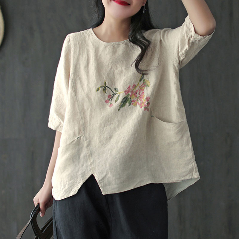 

Johnature Summer Retro Embroidery O-neck Pockets All-match T-shirts 2020 New Simple Comfortable Half Sleeve 3 Color Women Tops, Beige