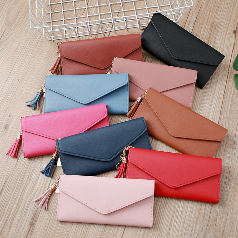 

Luxury Women Coins Purse Tassel Wallet Ladies PU Leather Card Holder Pocket Long Clutch Pouches Casual Girls Organizer Handbag, 10 colors for choice