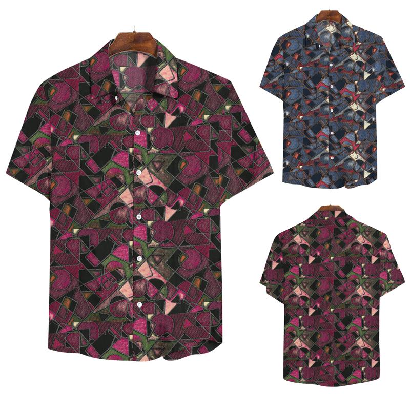

2020 Summer Men's Shirts Ethnic Style Vintage Printing Short Sleeve Loose Stand Collar Casual Dress Shirts Men camisa masculina, Blue