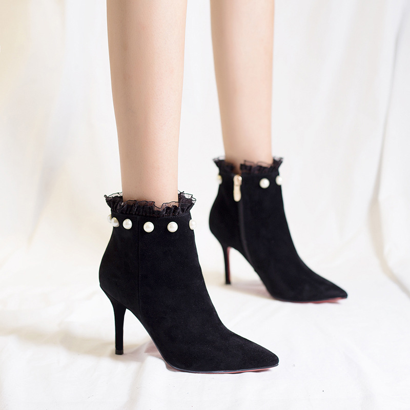 

Fashion ladies autumn and winter women's boots sweet pearls high sandals and bare boots women's fine super high heels, Black 7cm