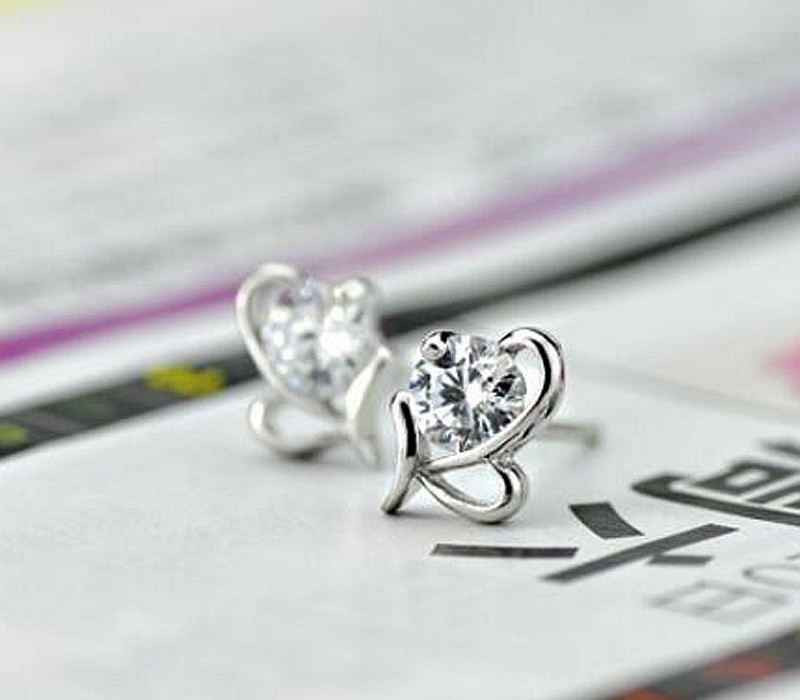 

Wholesale- heart earrings piercing 925 Sterling Silver Clear CZ Stud Earrings double side earrings for wemen jewelry Bijoux Femme