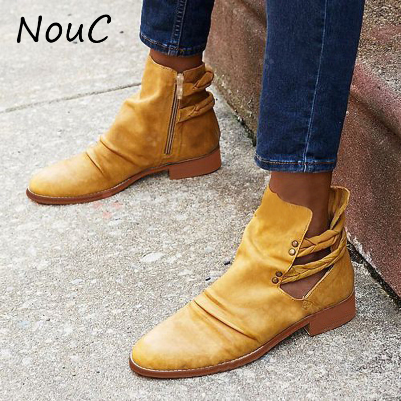

NouC PU Leather Booties Buckle Straps Thick Heel Black Ankle Women Boots Zipper Decorated Woman Boots Motorcycle Pure Yellow