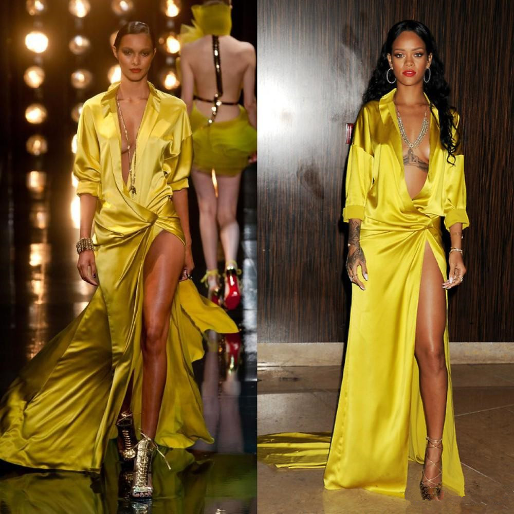 

Yellow Fashion Evening Dresses Yellow Silk Red Carpet Celebrity Prom Dresses Evening Gowns Plunging Neckline Party Dresses High Thigh Slit