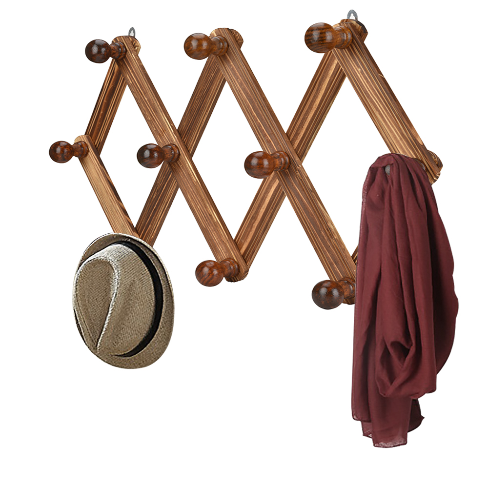 

10 Hook Wood Expandable Rack Coat Hanger Wall Mounted Accordion Style
