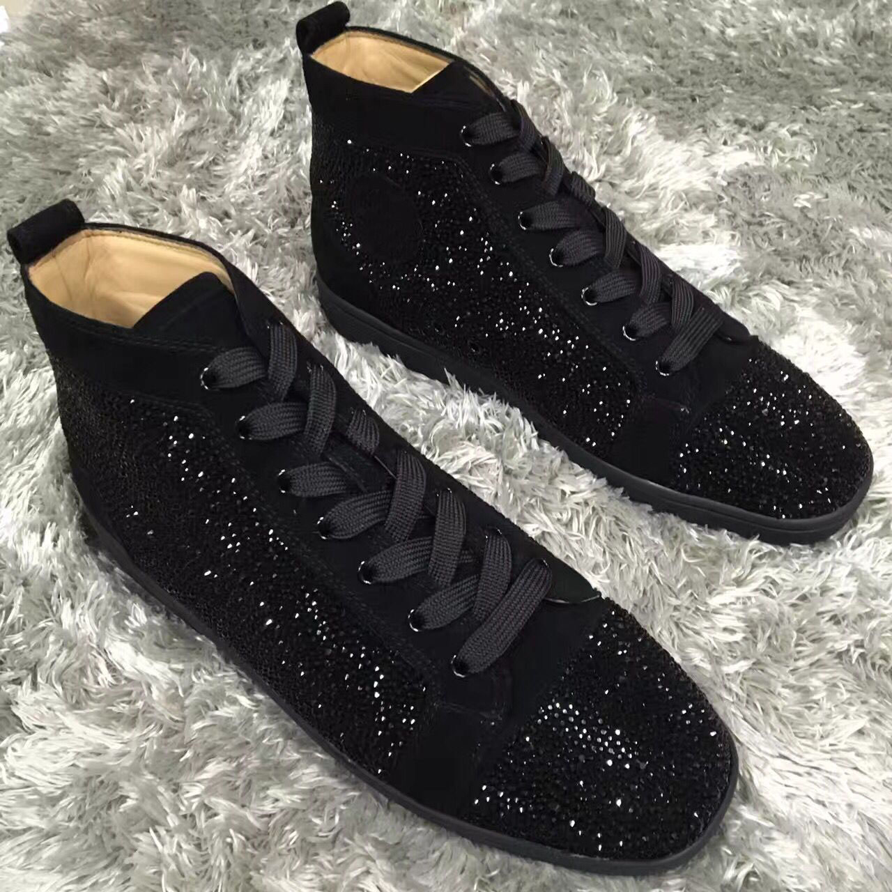 

Paris Design Spikes High Top Strass Sneakers Shoes Women,Men Casual Red Bottom Sneaker Party Dress Casual Walking Outdoor Lace-up Trainers, Black