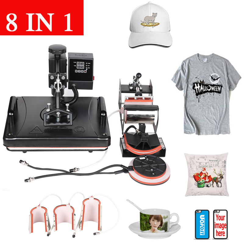 

Free shipping Double Display 8 In 1 Combo Sublimation Heat Press Machine T shirt Heat Transfer Machine For Customizing T shirt/Keychain