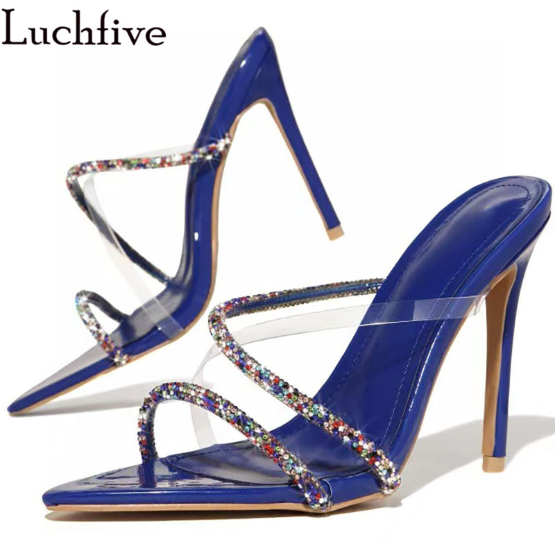 

Sexy Crystal Slippers Women Clear Slides Ladies Shoes Open Toe High Heels Gladiator Stiletto Blue Shoes Woman, Beige