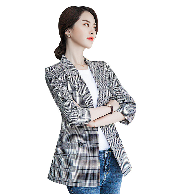 

Fashion Plus Size Double Breasted Plaid Blazer Women Long Sleeve Slim Blazer 2019 Casual Spring Jacket Female, Coffee suit