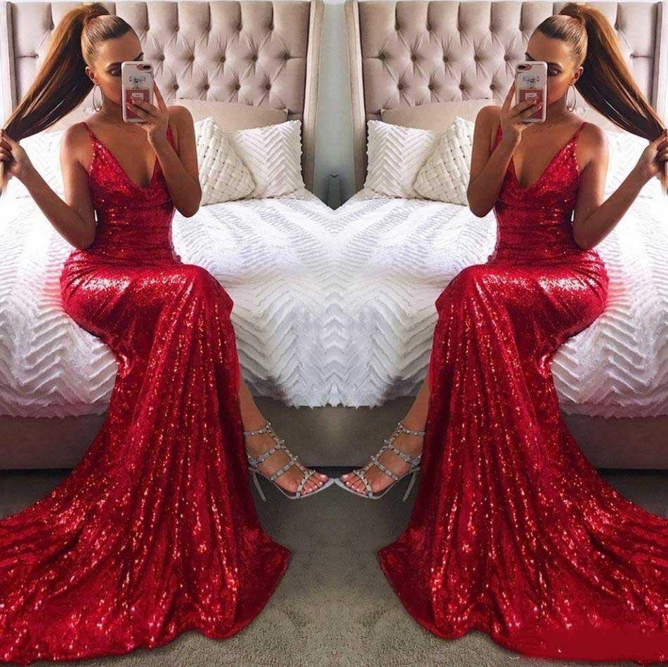 

V Neck Sexy Straps Red Sequined Prom Dresses Spaghetti Mermaid Long Prom Gowns Side Split Evening Party Dresses evening wear, Same as image