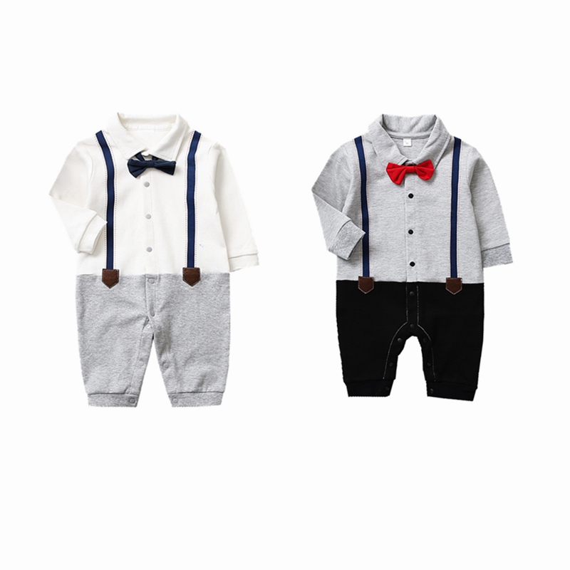 

0-2 Years Long Sleeve Boy Rompers Button Front Open Baby Clothes Infant Gentlman Tie Jumpsuit Outfit Little Boys Birthday Dress