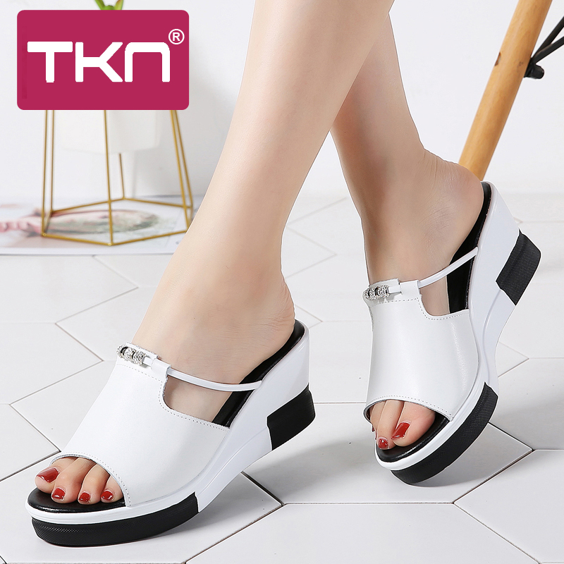 

TKN 2020 Summer women flat platform slippers slides sandals Shoes ladies white genuine leather wedge sandals shoes woman 9505, 9505 black