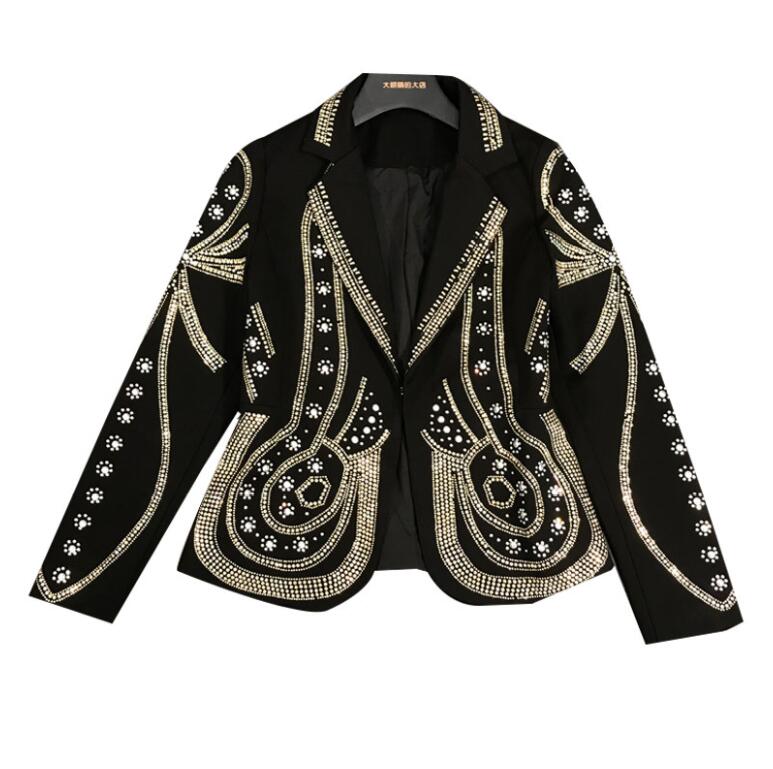

Women Clothes Blazers High Quality Woman Suits Luxury Womens Golden Hotfix Heavy Industry Blazer Jacket Coat w626, Black