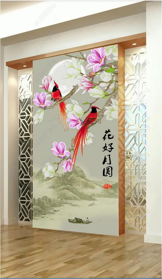 

3d wallpaper custom photo New Chinese-style hand-painted magnolia magpie flower good moon round porch muals wall paper for walls 3 d, Sky blue