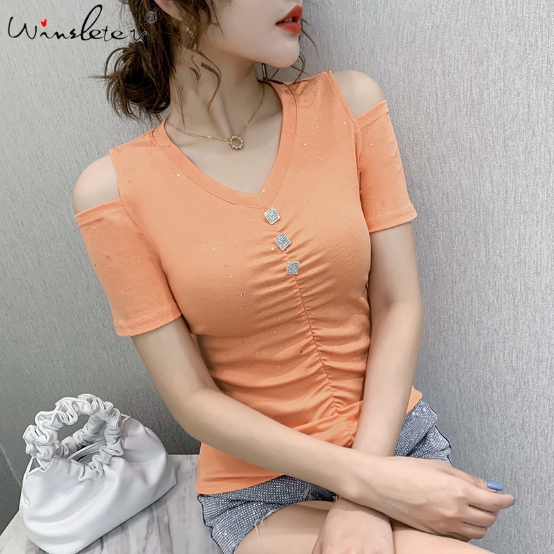 

Summer Korean Clothes T-shirt Fashion Sexy Shiny V-Neck Button Off Shouder Women Tops Ropa Mujer Cotton Tees 2020 New T06305, White tshirt