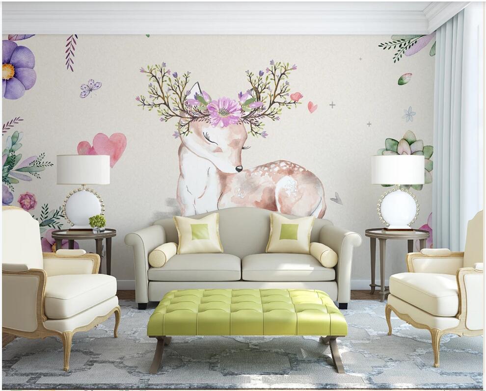 

WDBH 3d wallpaper custom photo Simple small fresh deer watercolor flower TV background wall decor sticker 3d murals wallpaper for walls, Non-woven wallpaper