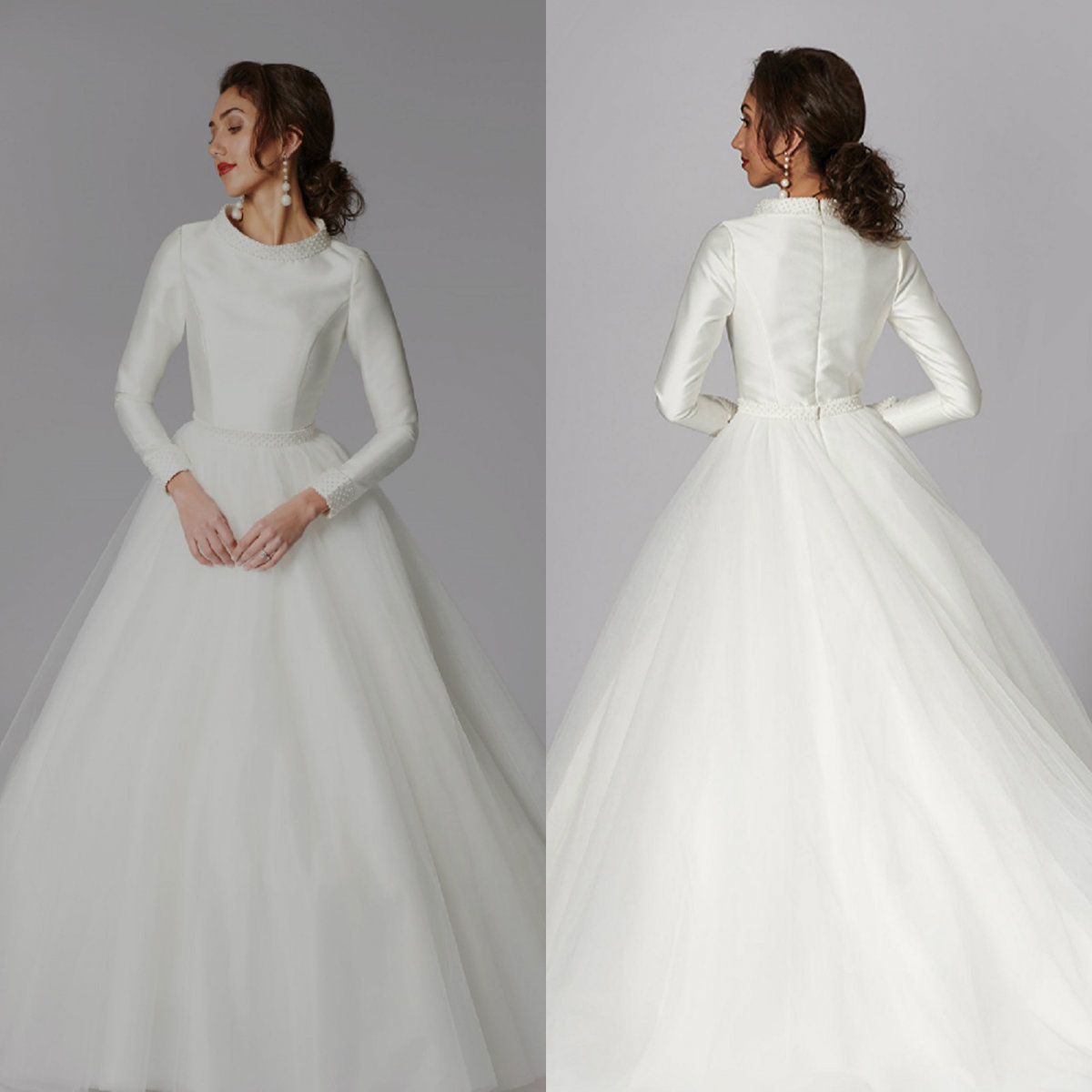 

Long Sleeve A Line Wedding Dresses Jewel Neck Beads Tulle Plus Size Wedding Dress Sweep Train Robes De Mariée, Grape