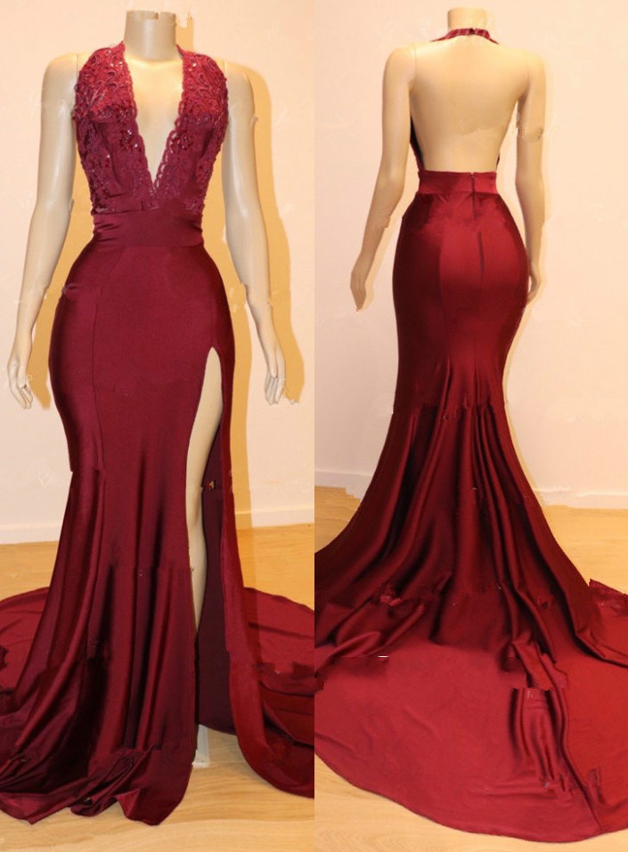 

2019 Red Prom Dresses Halter High Side Split Sexy Backless Mermaid Evening Dress Custom Made Sweep Train Formal Party Gowns, Purple