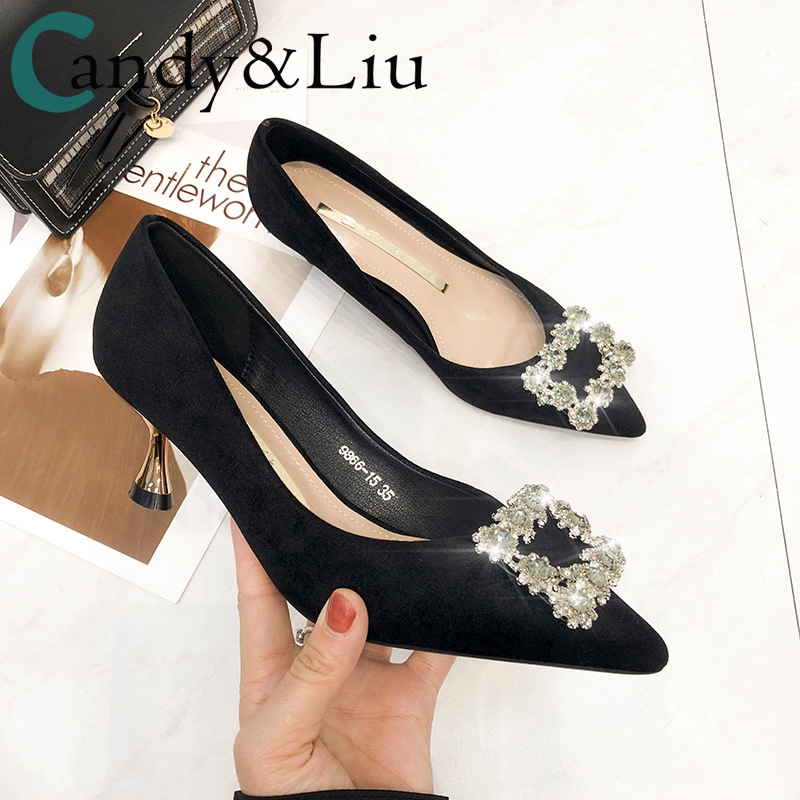 

2020 Spring New Model Crystal Square Buckle Pointed Net Red High Heels Female Sexy Cat Heel Shoes French Girl's Shoes, Burgundy