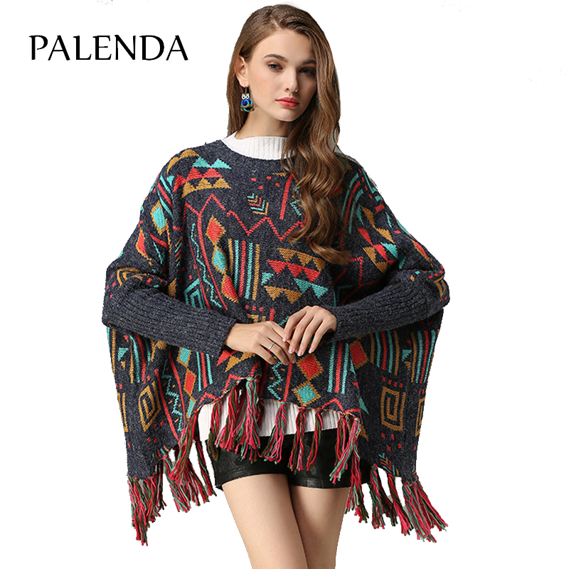 

bohemian sweater tassel leisure geometric cloak, Blue