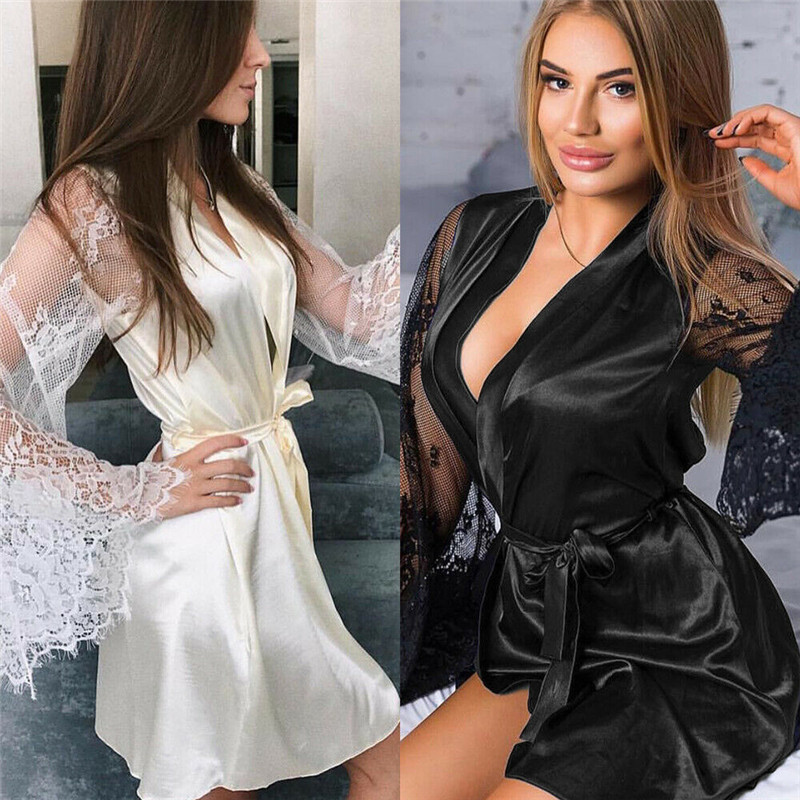 

Summer Sexy Robe Lace Sleeve Female Robe Fashion Lace Up, Black