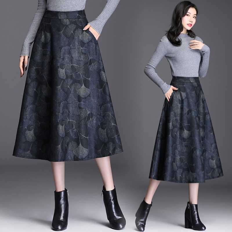

Women A-Line Skirt Autumn Winter Elegant High Waist Woolen Maxi Skirt Vintage Female Printing Umbrella Long Oversize, As pic