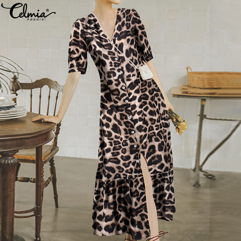 

Celmia Bohemian Leopard Print Dress Summer Women Fashio Ruffles Maxi Long Sundress V neck Short Sleeve Beach Vestidos Plus Size, Dark grey