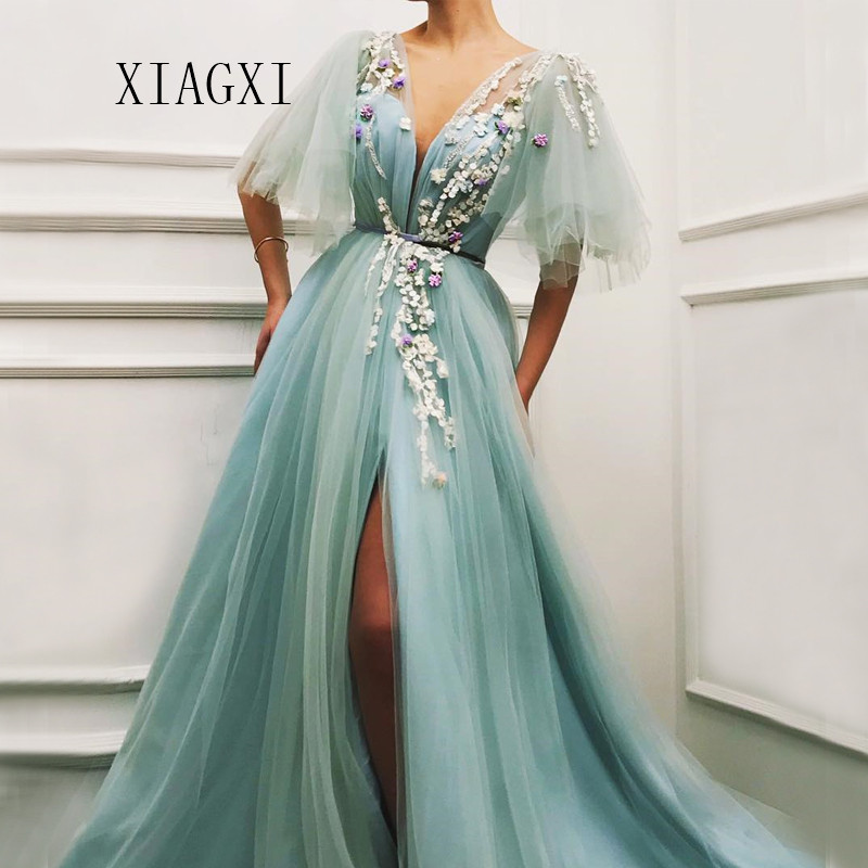 

2019SS XIANGXI New Mint Green Evening Dress Long 2019 Deep V-Neck 3D Flower Split A-Line Prom Dresses Evening Dresses Vestidos, Black