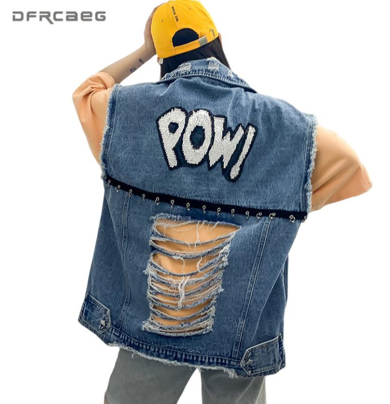 

Vintage Ripped Summer Jeans Vest For Women 2020 Oversize Colete Coat Jean Hip Hop Street Sleeveless Waistcoat Denim Jacket Femme, Blue