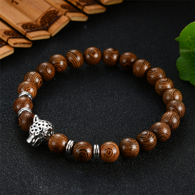 

Trendy Popular 8mm Wenge Wood Beads Bracelet For Women Men Leopard head Bangles Jewelry Gift