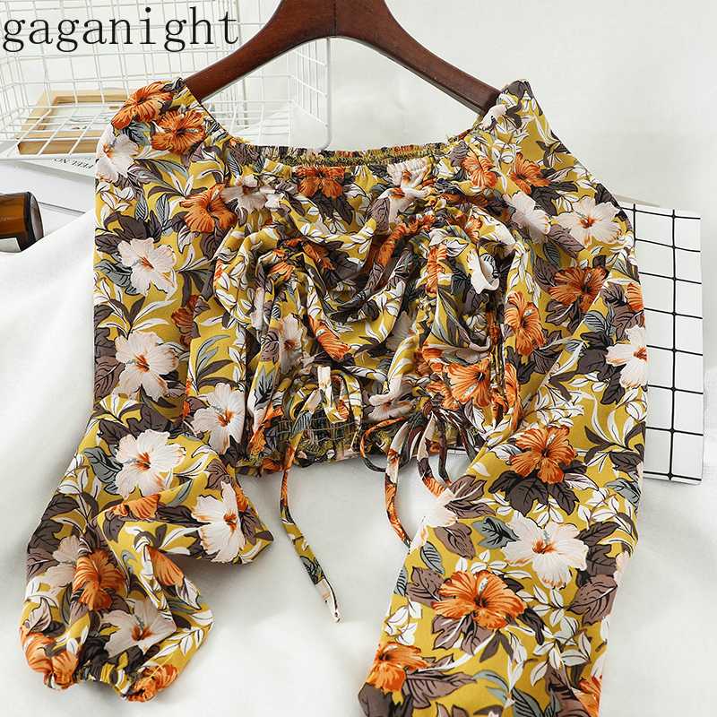 

Gaganight O Neck Drawstring Pleat Design Print Blouse Women Retro Holiday Beach Style Puff Long Sleeve Blusas Spring 2020 Shirt, Gray