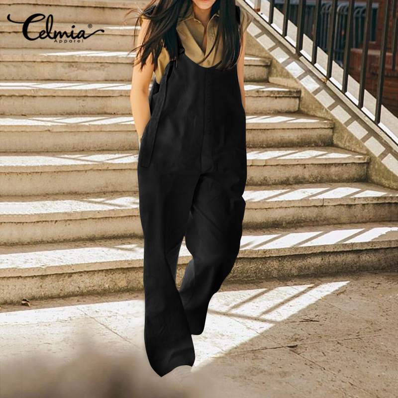 

Celmia Oversized 5XL Rompers Casual Harem Pants Women Vintage Jumpsuits Long Playsuits Buttons Solid Spaghetti Straps Overalls, Black