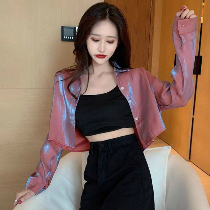 

2020 Women Shining Sunscreen Blouse Crop Top, Blue