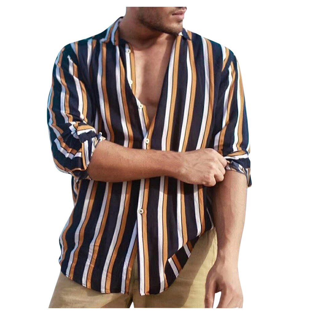 

button up men shirt long sleeve fashion stripe mens shirts casual slim fit Cotton Linen autumn d91019, Beige