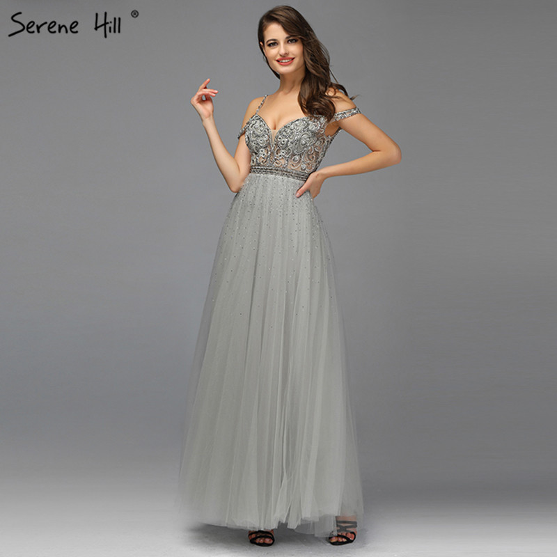 

2020 Grey Sleeveless Sexy A-Line Prom Dressese Beading Diamonds Tulle Prom Gowns Design Serene Hill BLA70145