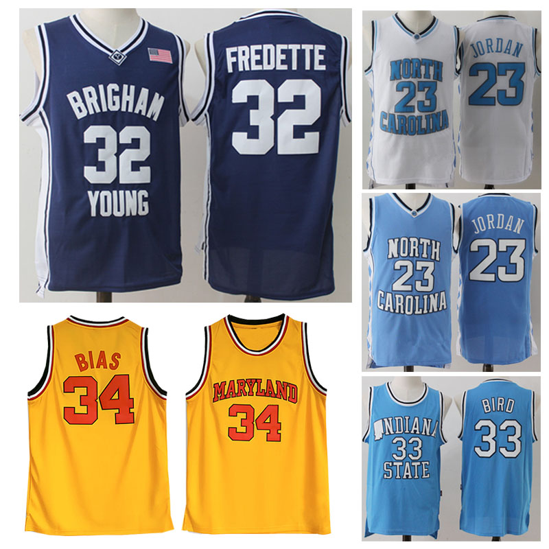

Men NCAA Brigham Young Cougars 32 Jimmer Fredette Maryland Terps 34 Len Bias ISU Indiana State Jerseys Bird, Black;red