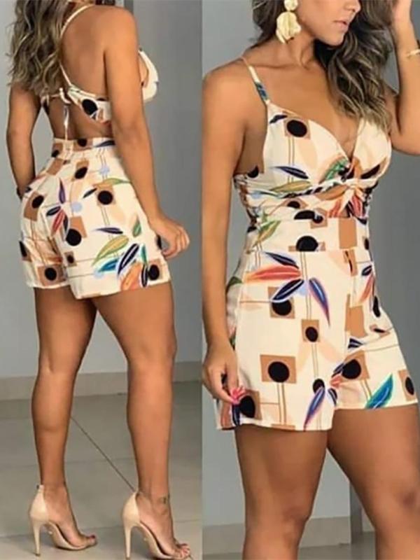 

2020 Summer Women Elegant Fashion Vacation Leisure Playsuit Laies Casual V-Neck Print Spaghetti Strap Twisted Front Romper, Mint