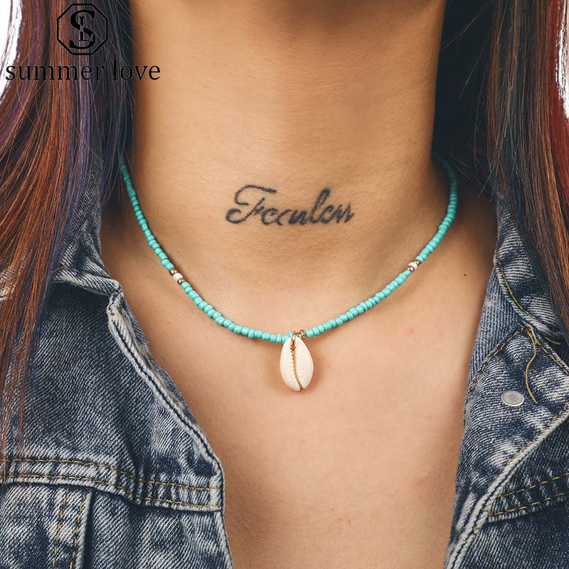 

2019 New Fashion Shell Pendant Choker Necklace for Women Green Nature Stone Beads Chain Necklace Trendy Jewelry Gift