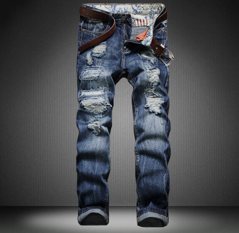 

Men jeans Ripped elastic jeans rap ripped denim harajuku moto Biker overalls slim hip hop loose baggy Hip Hop mens, Blue
