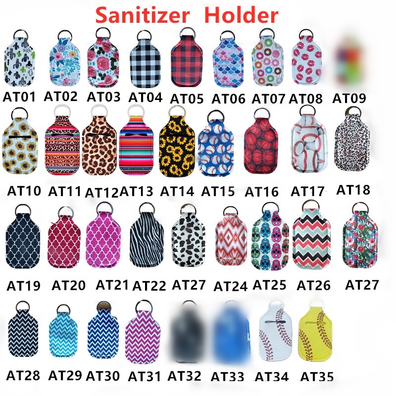 

35 Styles Neoprene Hand Sanitizer Bottle Holder 30ml Lipstick Holders Lip Cover Handbag Keychain Pouch Chapstick Holder Party Favor LL96